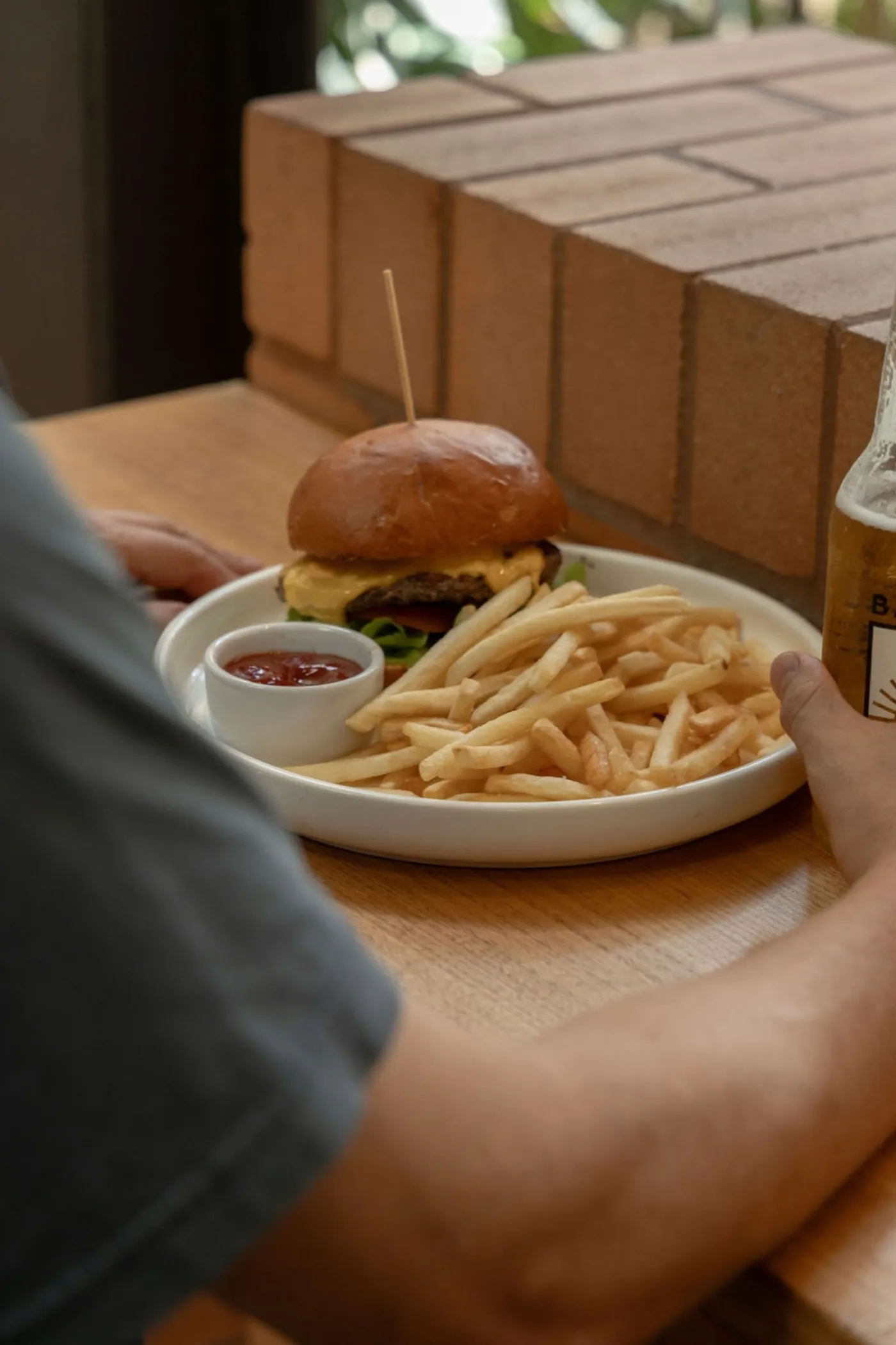 Cheeseburger and fries at Stable café, Tugun